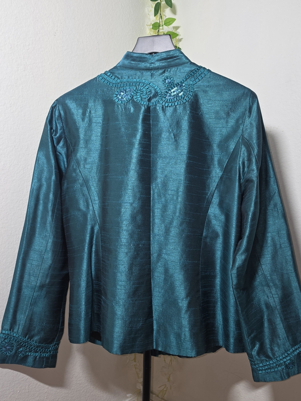 Chico's Teal Embellished Satin-Blend Jacket - Picture 2 of 12